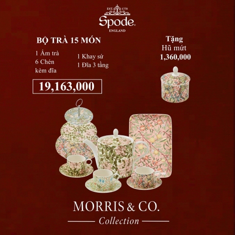 [SET QUÀ TẾT] PM SPODE MORRIS & CO Bộ Ấm Chén Bàn Trà 15 Món Sứ Cao Cấp - Chính Hãng Nhập Khẩu Anh Quốc