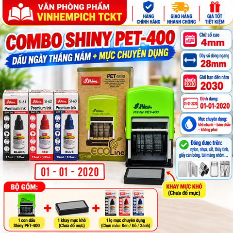 [chuyên dụng - đóng bao bì]Combo con dấu ngày tháng năm Shiny Pet 400 và hộp mực chuyên dụng đóng lên mọi chất liệu