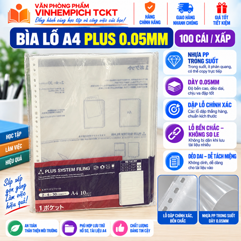Bìa lỗ A4 Plus dày 0.05mm (100 cái/ xấp)