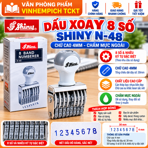 Dấu xoay 8 số Shiny N48 - 4mm chấm mực ngoài Dấu xoay tay Shiny N48 / Dấu ngày tháng năm N48