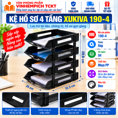 Kệ hồ sơ 4 tầng nhựa A4 Xukiva 190-4 chốt nhựa to