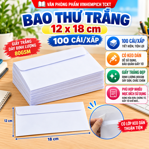 Bao thư trắng 12x18cm 100 cái/xấp