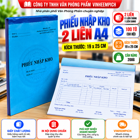 Phiếu nhập kho 2 liên A4 100 TRANG (50 BỘ)