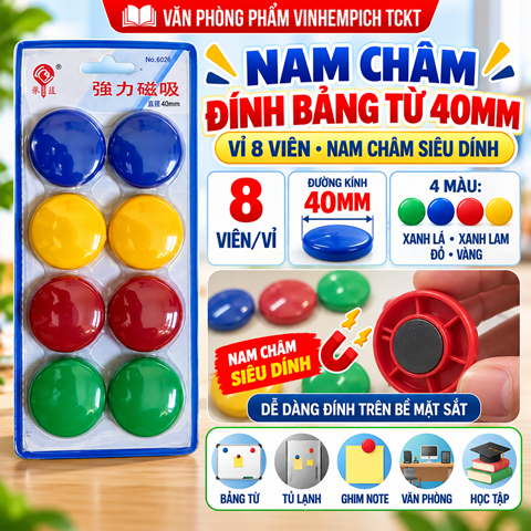 Nam châm đính bảng từ vỉ 8 viên kích thước 40mm, nam châm siêu dính