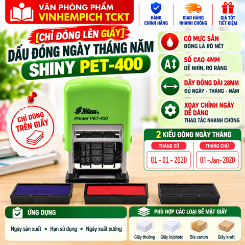 [chỉ đóng lên giấy] Con Dấu Đóng Ngày Tháng Năm Pet 400 (Đóng Ngày Sản Xuất, Hạn Sử Dụng, Ngày Tháng Năm) Có Mực Sẵn Shiny PET 400