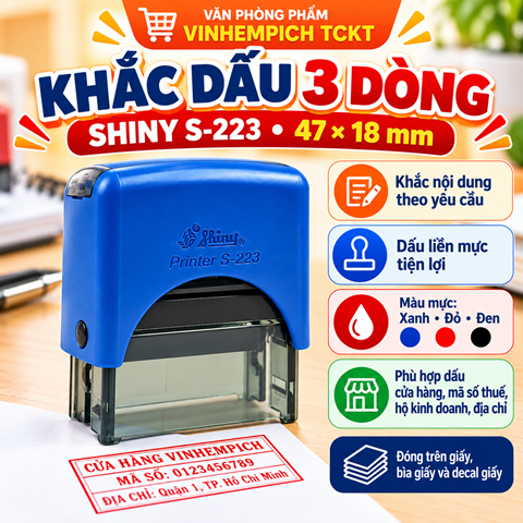 Khắc dấu 3 dòng - Dấu cửa hàng Shiny S-223 kt 47 x 18mm