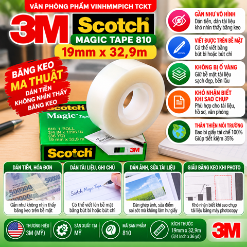 Băng Keo Ma Thuật 3M 810 Scotch Magic Tape - dán tiền không nhìn thấy băng keo loại lớn 19mm x 32,9m