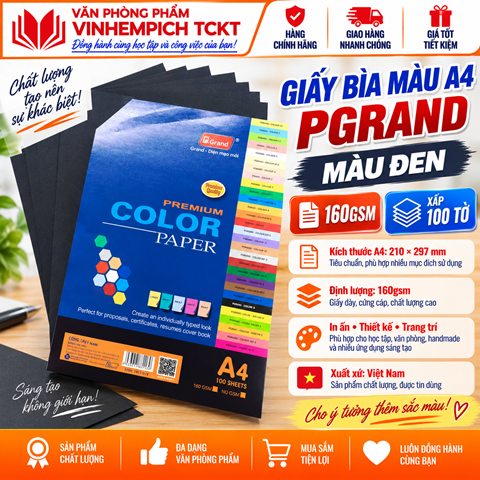 Giấy bìa màu A4 đặc biệt MÀU ĐEN Pgrand 160gsm xấp/100 tờ