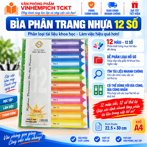 BÌA PHÂN TRANG NHỰA A4 12 SỐ TRÀ MY