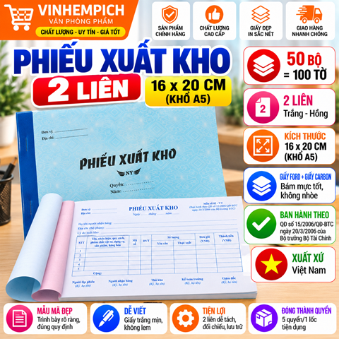 PHIẾU XUẤT KHO 2 LIÊN 16X20 (A5) NY 50 BỘ = 100 TỜ