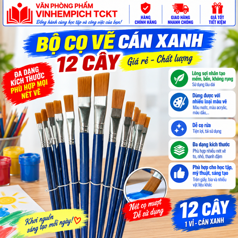 Bộ cọ vẽ cán xanh giá rẻ 12 cây( 1 vỉ màu xanh)