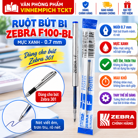 [Chính hãng]Ruột Bút Bi 0.7 mm Zebra F100-BL - Mực Xanh Dùng cho Bút Zebra 301 chính hãng