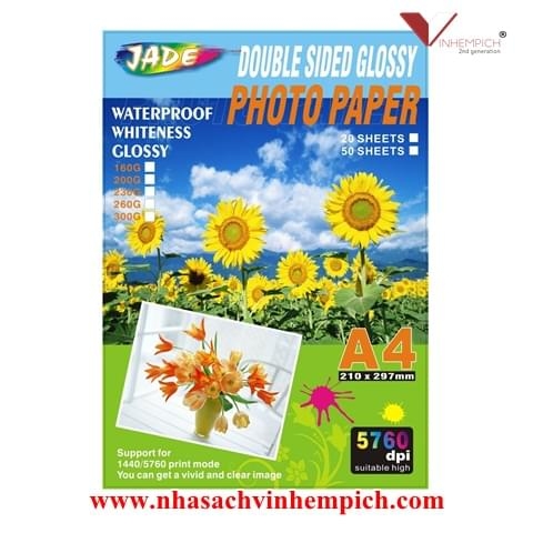 GIẤY IN ẢNH Jade Double side Glossy photo paper A4 5760dpi 160GSM 50 Sheets ( 50 tờ/ xấp)