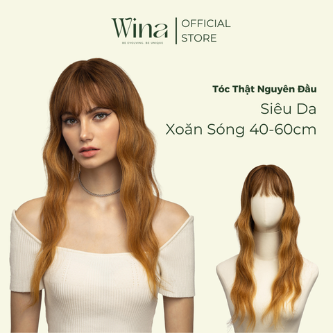 Tóc Giả Nguyên Đầu Tóc Thật Ombre Sóng Dài Nâu Vàng 60cm