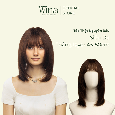 Tóc Giả Trung Niên Nguyên Đầu Cúp Đuôi Layer Mái Thưa Nâu Sẫm 45cm