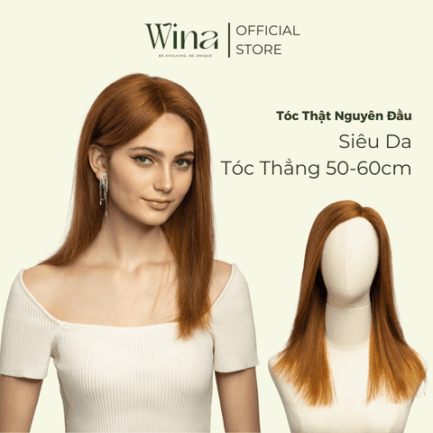 Tóc Giả Nguyên Đầu Bằng Tóc Thật Thẳng Dài Nâu Vàng 50cm
