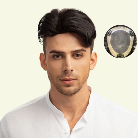 Tóc Giả Nam Che Phủ Đỉnh - Side Part Vuốt Rủ Nâu Đen Siêu Da 3D