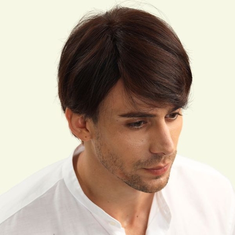 Tóc Giả Nam Nguyên Đầu - Side Part Mái Xéo Nâu Socola Siêu Da 4D