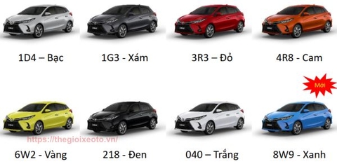 Màu xe Toyota Yaris 2023 có 8 màu gồm: Trắng, đỏ, cam, đen, bạc, xám, vàng, xanh.!