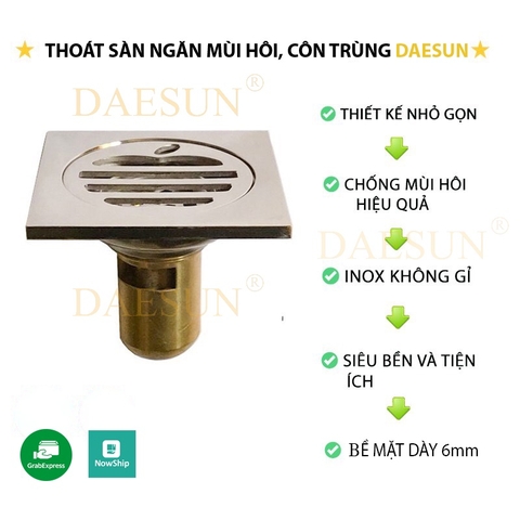 Phễu thoát sàn ngăn mùi 100%, ngăn côn trùng DAESUN DS 515 (10 x 10cm)mặt siêu dày