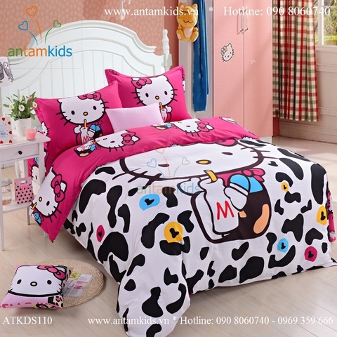 Chăn ga gối đệm hình Hello Kitty ATKDS110 họa tiết bò sữa cực đáng yêu