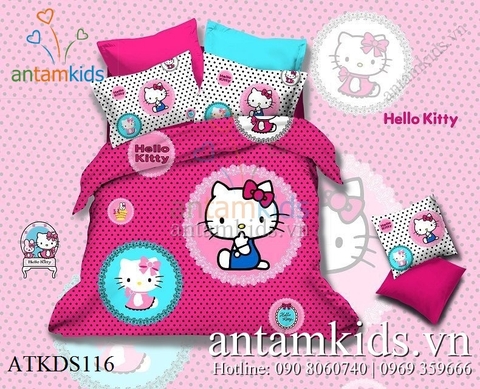 Bộ drap trải giường Hello Kitty ATKDS116 chấm bi đen hồng xinh cho bé