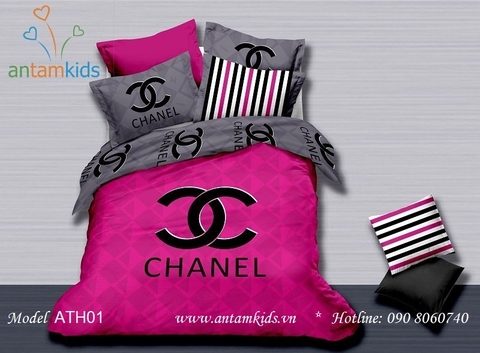 Bộ chăn ga gối thương hiệu nổi tiếng thế giới Chanel hồng xám ATH01