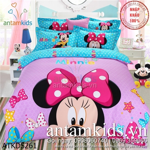 Bộ Drap mền gối Lovely Pink Minnie Mouse, tím hồng siêu xinh cho bé gái ATKDS261