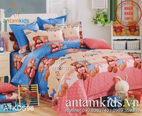 Chăn ga gối gấu Teddy Misa hồng xanh dễ thương cho trẻ em ATKDS98