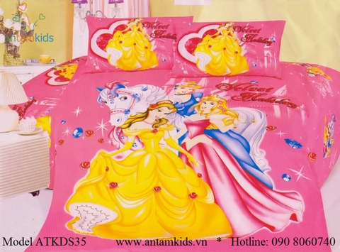 Chăn ga gối Công chúa & Bạch mã Hoàng tử hồng xinh ngọt ngào cho bé gái ATKDS35