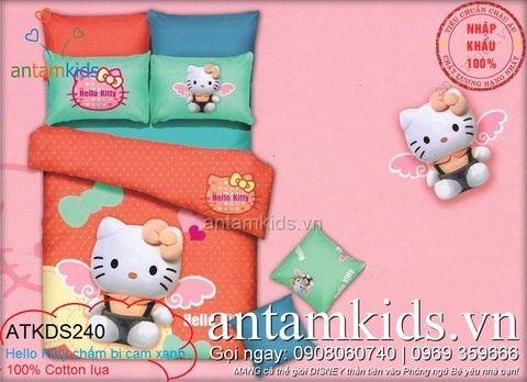 Chăn ga gối Hello Kitty chấm bi cam xanh ATKDS240 cực yêu cho bé gái