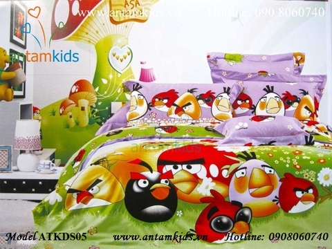 Chăn drap gối hình Angry Birds cho bé ATKDS05 cotton lụa màu tím xanh