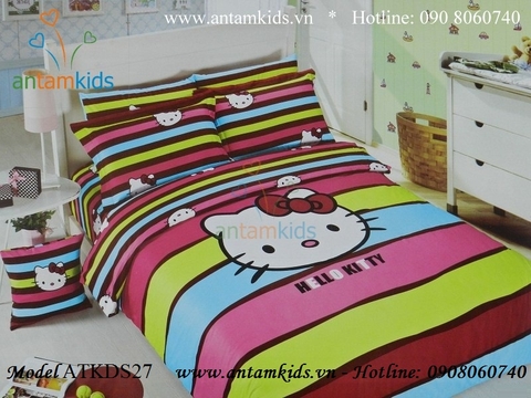 Bộ chăn ga gối hoạt hình cotton lụa Hello Kitty đẹp cho bé gái ATKDS27