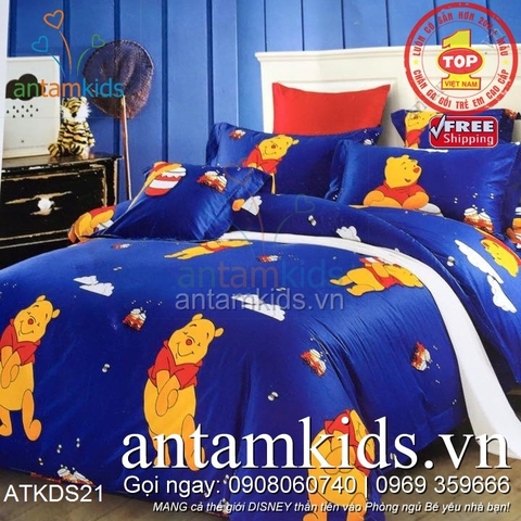 Bộ Chăn ga gối Gấu Pooh xanh vàng, ngộ nghĩnh dễ thương cho bé yêu ATKDS21