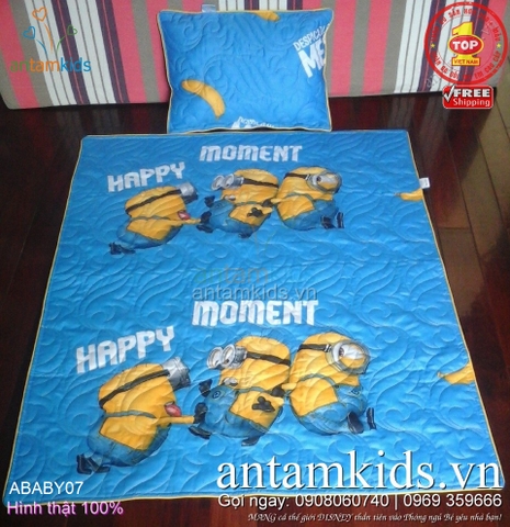 Chăn gối cho bé đi học hình Minions Happy Moment, màu vàng-xanh cho con Hạnh phúc mọi lúc mọi nơi ABABY07