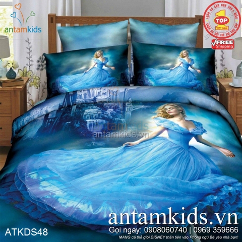 Chăn ga gối 3D Công chúa lọ lem Cinderella lộng lẫy kiêu sa, sắc xanh quyến rũ ATKDS48