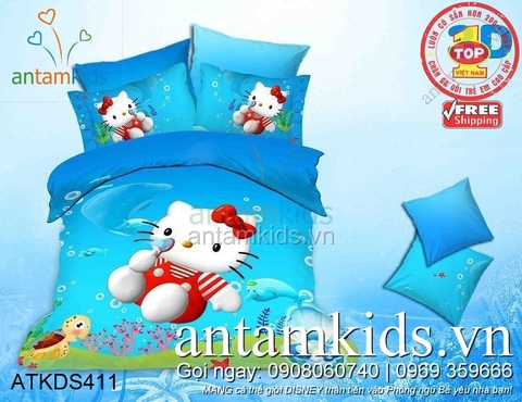 Bộ Drap mền gối Hello Kitty màu xanh dương đáng yêu cho bé gái ATKDS411