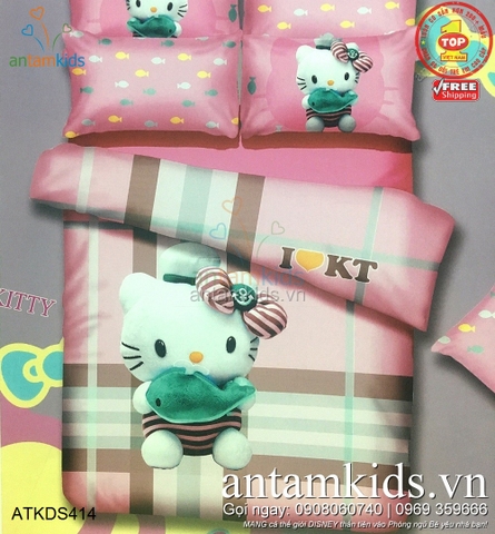 Drap mền gối hình Hello Kitty kẻ hồng ôm Cá xanh siêu ngộ nghĩnh cho bé yêu ATKDS414