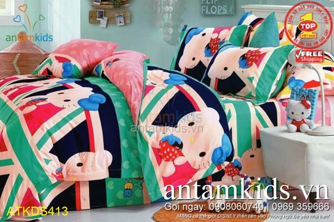 Chăn ga gối hình Hello Kitty hồng xanh cực dễ thương cho bé yêu ATKDS413