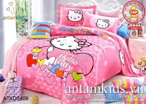 Chăn ga gối drap trải giường Hello Kitty màu hồng siêu xinh cho bé yêu ATKDS409