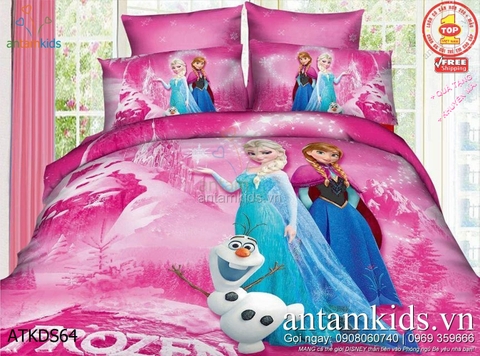 Bộ Chăn ga gối trẻ em hình Nữ hoàng Băng giá Elsa Anna Frozen ATKDS64, hàng trơn trọn bộ, ga chun 2mx2m2*10, set 4 món, 100% cotton lụa cao cấp, sắc hồng mộng mơ cho con gái