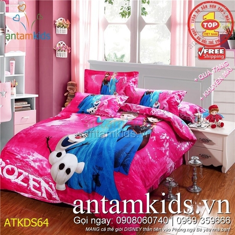 Bộ Chăn ga gối Công chúa tuyết Elsa Anna Frozen ATKDS64, hàng trơn trọn bộ, ga chun bọc nệm 1m8x2m*10, set 4 món, 100% cotton lụa cao cấp, hồng sen lãng mạn cho bé gái