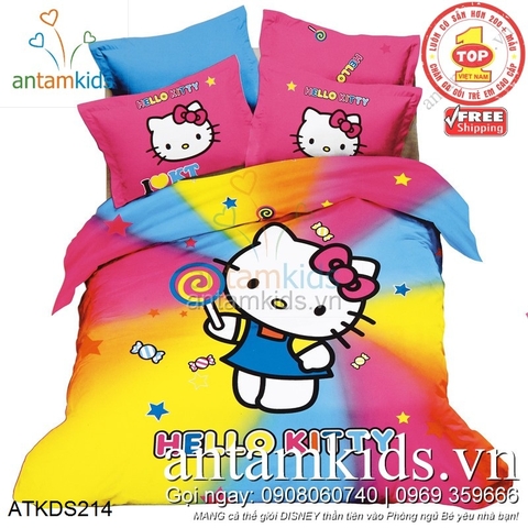 Chăn ga gối Hello Kitty bảy sắc cầu vồng dễ thương cho bé gái ATKDS214
