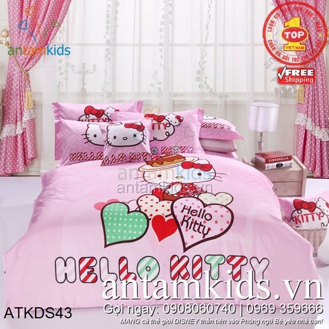 Bộ chăn ga gối Hello Kitty trái tim hồng ATKDS43 cực điệu cho bé gái