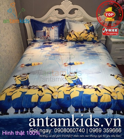 Chăn ga gối Minion bay Xanh Vàng vui nhộn, cho bé trai bé gái ATKDS250