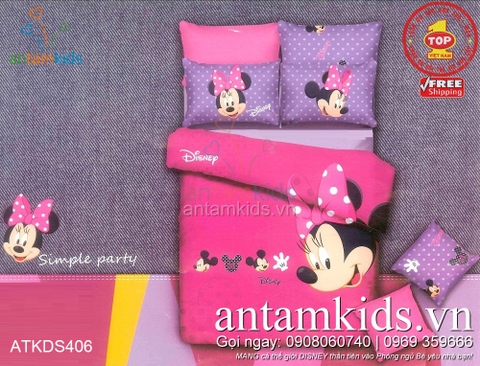 Chăn ga gối trẻ em hoạt hình Disney Minnie Mouse, sắc hồng hoa mộng cho bé gái ATKDS406