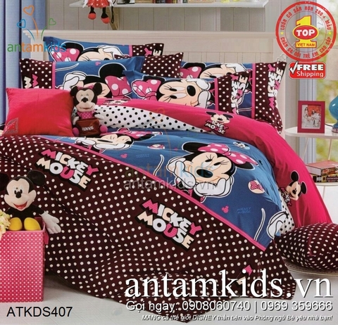 Chăn ga gối Mickey Mouse hoạt hình Disney, xanh nâu hồng dễ thương cho bé yêu ATKDS407