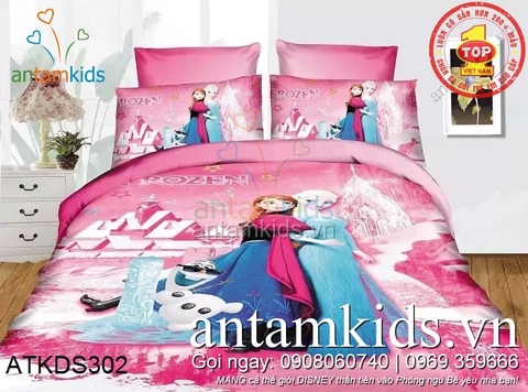 Chăn ga gối cho trẻ em hình Công chúa băng giá Anna Nữ hoàng Elsa sắc hồng cực yêu ATKDS302