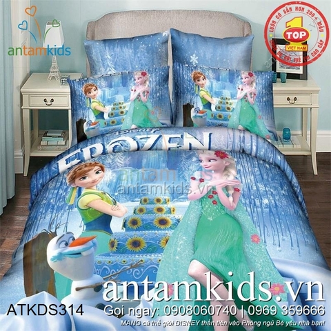 Chăn ga gối cao cấp nhập khẩu hình Công chúa băng giá Frozen Anna Elsa xanh lá- xanh za đẹp kiêu sa ATKDS314