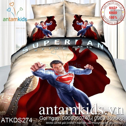 Chăn ga gối cho bé trai hình Superman Siêu nhân bay thần tốc ATKDS274